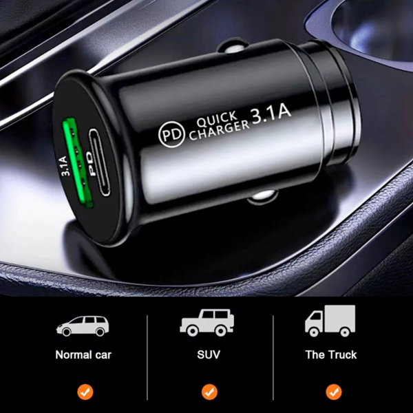 QC3.0 Car Charger Fast Charging White Black Mini Shape 20W USB Type C - Image 3